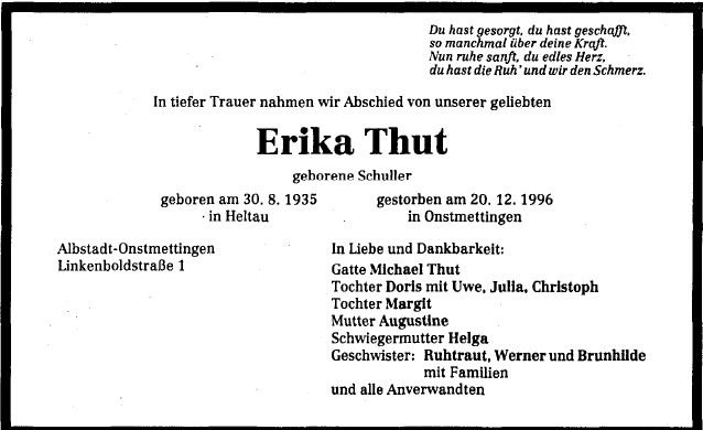 Schuller Erika 1935-1997 Todesanzeige